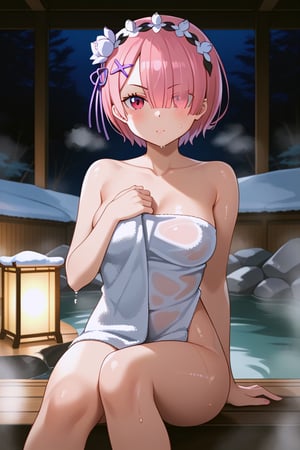 1 girl, alone, looking at viewer, serious, short hair, puffed cheeks, white flower headband hair accessory, red eyes, pink hair, :d, pink eyes, hair over one eye, hair accessory x, serious look, towel, wet body, steam, covering herself with towel, hot springs, feet in hot springs, distant, girl in background, sitting on rocks at shore, hot springs, steam, distance from girl and viewer \(re:zero\)