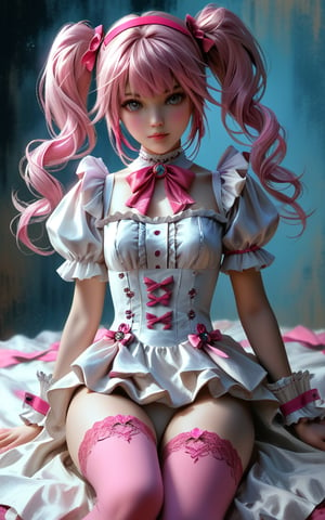 concept art top_view_perspective, realistic, upper_view_perspective,1 girl,(Neo-Byzantine, grand decorative style, Neo-Byzantine:1.3), 4K, (big grey eyes, pink hair, ribbon, hairband, pink thighhighs, wrist cuffs, twintails, gem, frills), digital artwork, illustrative, painterly, matte painting, highly detailed,more detail XL,
