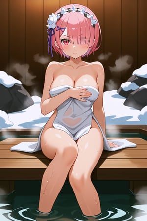 1 girl, alone, looking at viewer, serious, short hair, puffed cheeks, white flower headband hair accessory, red eyes, pink hair, :d, pink eyes, hair over one eye, hair accessory x, serious look, towel, wet body, steam, covering herself with towel, hot springs, feet in hot springs, distant, girl in background, sitting on rocks at shore, hot springs, steam, distance from girl and viewer \(re:zero\)