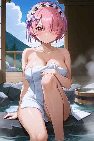 1 girl, alone, looking at viewer, serious, short hair, puffed cheeks, white flower headband hair accessory, red eyes, pink hair, :d, pink eyes, hair over one eye, hair accessory x purple, serious look, towel, wet body, steam, covering herself with towel, hot springs, feet in hot springs, distant, girl in background, sitting on rocks at shore, hot springs, steam, distance from girl and viewer \(re:zero\)