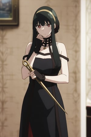 A striking image of a single girl standing confidently, her long black hair flowing down her back like a river of night. Her bangs are swept to the sides, framing her face as she gazes directly at the viewer with piercing red eyes. Her large breasts are showcased under a sleeveless black dress with a floral print, adorned with intricate jewelry and a gold hairband that holds her locks in place. She wears thigh-high boots with high heels, black gloves, and fingerless gloves on her hands. A flower adorns her hair, while she dual-wields a knife and dagger, their blades glinting in the light. The overall atmosphere is one of edgy elegance, capturing the essence of Zettai Ryouiki (absolute territory) with its blend of mystique and power.,bbyorf,Yor Forger
Background of a room with blood stains on the wall, blurred background