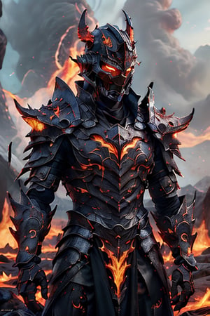 magma_knight, helmet, full_gear, long_blooded_sword, flame_aura_emitting, scorched_land, fantasy_armor, demon_helmet, looking_up, sad,