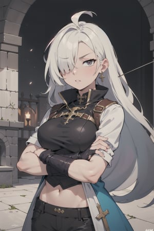 32 years old female, swordsmanship instructor, long hair, blind on one eye, strong, training grounds in the castle, fantasy, strict look, ripped, crossed arms