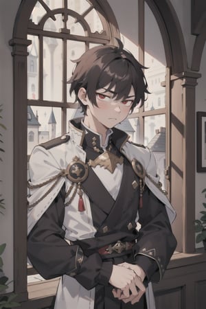 25 years old male, dark short hair, red eyes, noble, prince, looking through the castle window, long sleeves, stoic expression, mature, dark clothing with decorations