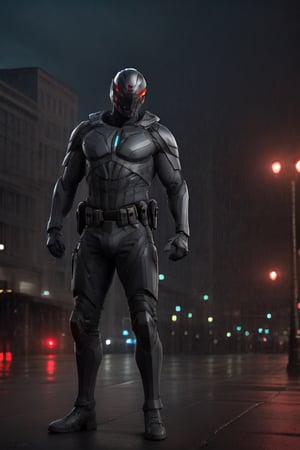 dark armor, police, red glowing, guns, rain, city, formation