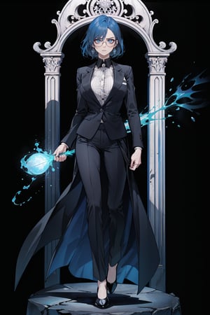 A solemn 40-year-old woman in a tailored suit, her glasses perched on the end of her nose, stands tall against a darkened backdrop. Her gloomy expression and serious demeanor command attention as she exudes an aura of authority. A faint blue energy emanates from her hands. The overall atmosphere is one of foreboding, as if the weight of responsibility hangs heavy on her shoulders. Full body, one hand holding chin