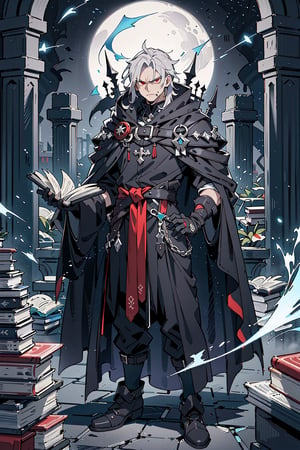 evil handsome man, fantasy, dressed in black cloak, evil energy surrounding him, night, gloomy, standing back to pov, silver hair, red eyes, death stare, seeking revenge, necromancer book in hand, dark chamber