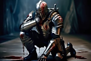 soldier, on_knees, hands_down, side_view, covered_in_blood, blood, destroyed armor, ,DonMn1ghtm4reXL, black armor, glowing, dark, sad, crying, dead body behind