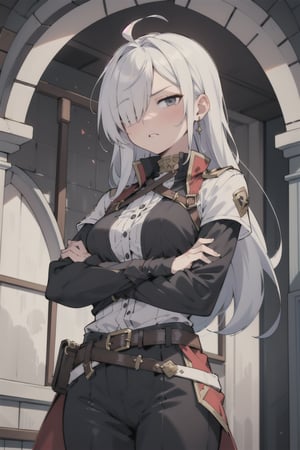 32 years old female, swordsmanship instructor, long hair, blind on one eye, strong, training grounds in the castle, fantasy, strict look, ripped, crossed arms