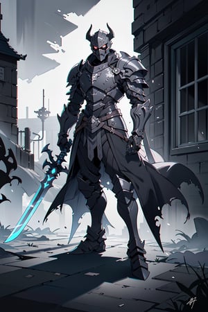 death_knight, black_armor, man, no visible face, helmet, shadows, night, dark sky, standing still, big sword, dangerous, cool, murderous look, dark gloomy shadow lurking down his shoulders, high rank, black, demon_amor, dark_black_armor