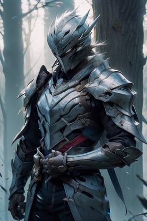 frost_knight, helmet, full_gear, long_blooded_sword, freezing, fost_aura, forest, frost_wolf, fantasy_armor, demon_helmet, looking_up, sad,