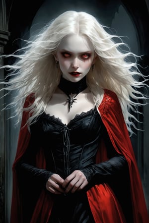 Evil sadistic female vampire with pale albino-like skin and gorgeous figure, messy layered hair and long fangs, wearing a sheer goth dress and red cape. High detail, realistic, gothic style, dramatic lighting, beauty in darkness, hyper-realistic digital painting by Victoria Frances and Brom and Luis Royo, concept art, 4k resolution,DonMM1y4XL