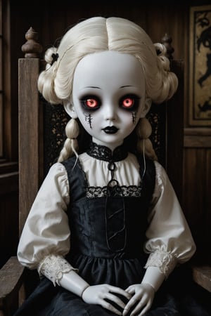 Chinese (white porcelain)  doll with a cracked face and limbs sitting on an old wooden rocking chair in a cabin, black hair, detailed evil eyes, black goth dress, haunting lighting effect, detailed, cinematic, atmospheric, digital painting, eerie atmosphere, character design by Jasmine Becket-Griffith and Mark Ryden, gothic style, 4k resolution, (pale albino skin:1.4), (glass skin textures), (night:1.4), (dark:1.4), (moonlit:1.4), (dark skies:1.4)