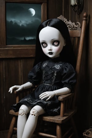 Chinese (white porcelain) doll with a cracked face and limbs sitting on an old wooden rocking chair in a cabin, black hair, detailed evil eyes, black goth dress, haunting lighting effect, detailed, cinematic, atmospheric, digital painting, eerie atmosphere, character design by Jasmine Becket-Griffith and Mark Ryden, gothic style, 4k resolution, (pale albino skin:1.4), (glass skin textures), (night:1.4), (dark:1.4), (moonlit:1.4), (dark skies:1.4)