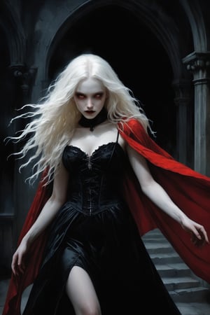 Evil sadistic female vampire with pale albino-like skin and gorgeous figure, messy layered hair and long fangs, wearing a sheer goth dress and red cape. High detail, realistic, gothic style, dramatic lighting, beauty in darkness, hyper-realistic digital painting by Victoria Frances and Brom and Luis Royo, concept art, 4k resolution,DonMM1y4XL