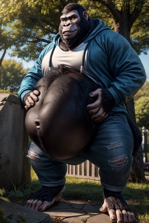by personalami, by hioshiru, by zackary911, by null-ghost), ((Solo)), 4k, male, anthro_silverback gorrila, ape, fat body, park, day, clothed, hoodie, white t-shirt under the hoodie, bottom wear, pants, standing, bara, yellow pupils, (fat: 2.6),(body size: 1.0) soft body, (correct anatomy:)7.5, vore, Big belly,( vore belly size:6.2), detailed belly, a person in his belly, (detailed clothing), natural lighting, best quality, gorilla, big belly, big pecs, vore, kids in his belly, best quality, person in belly, readable text, Furry Realistic, plantigrade,  opposable toes feet, there must be a person squirming around inside his belly, a person squirming in his belly, vore, 1prey, maw , 1prey inside his belly, well lit subject,