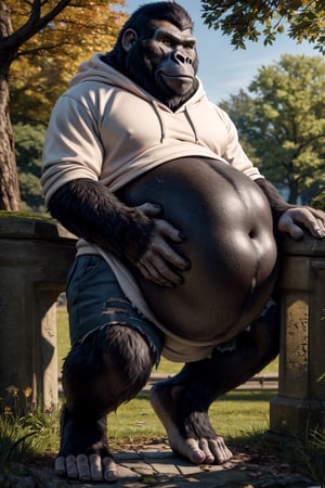 by personalami, by hioshiru, by zackary911, by null-ghost), ((Solo)), 4k, male, anthro_silverback gorrila, ape, fat body, park, day, clothed, hoodie, white t-shirt under the hoodie, bottom wear, pants, standing, bara, yellow pupils, (fat: 2.6),(body size: 1.0) soft body, (correct anatomy:)7.5, vore, Big belly,( vore belly size:6.2), detailed belly, a person in his belly, (detailed clothing), natural lighting, best quality, gorilla, big belly, big pecs, vore, kids in his belly, best quality, person in belly, readable text, Furry Realistic, plantigrade,  opposable toes feet, there must be a person squirming around inside his belly, a person squirming in his belly, vore, 1prey, maw , 1prey inside his belly, well lit subject,