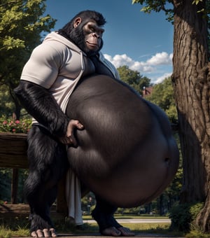 by personalami, by hioshiru, by zackary911, by null-ghost), 4k, male, anthro_silverback gorrila, ape, fat body, park, day, clothed, hoodie, white t-shirt under the hoodie, bottom wear, pants, standing, bara, yellow pupils, (fat: 2.6),(body size: 1.0) soft body, (correct anatomy:)7.5, vore, Big belly,( vore belly size:6.2), detailed belly, a person in his belly, (detailed clothing), natural lighting, best quality, gorilla, big belly, big pecs, vore, kids in his belly, best quality, person in belly, readable text, Furry Realistic, plantigrade,  opposable toes feet, there must be a person squirming around inside his belly, a person squirming in his belly, vore, 1prey, maw , 1prey inside his belly, well lit subject, 