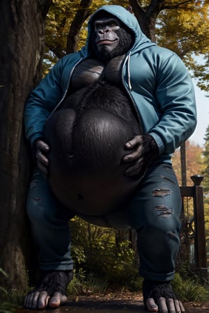 by personalami, by hioshiru, by zackary911, by null-ghost), 4k, male, anthro_silverback gorrila, ape, fat body, park, day, clothed, hoodie, white shirt under the hoodie, bottom wear, pants, standing, bara, yellow pupils, (fat: 2.6),(body size: 1.0) soft body, (correct anatomy:)7.5, vore, Big belly,( vore belly size:6.2), detailed belly, a person in his belly, (detailed clothing), natural lighting, best quality, gorilla, big belly, big pecs, vore, kids in his belly, best quality, person in belly, readable text, Furry Realistic, plantigrade,  opposable toes feet, there must be a person squirming around inside his belly, a person squirming in his belly, vore, 1prey, maw , 1prey inside his belly, well lit subject, 