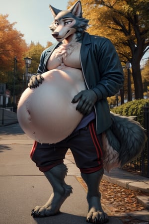 by personalami, by hioshiru, by zackary911, by null-ghost), male, anthro_wolf, solo, legoshi_(beastars), fat body, park, standing, clothed, open_blazer, bottom wear, short pants, safe, standing, bara, claws, black pupils, (fat:2.6), soft body, (correct anatomy:)7.0, vore, Big belly,( vore belly size:5.5), detailed belly, a person in his belly, (detailed clothing), natural lighting, best quality, legoshi, big belly, big pecs, vore, kids in legoshi's belly, best quality,person in belly