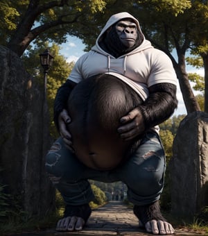 by personalami, by hioshiru, by zackary911, by null-ghost), 4k, male, anthro_silverback gorrila, ape, fat body, park, day, clothed, hoodie, white t-shirt under the hoodie, bottom wear, pants, standing, bara, yellow pupils, (fat: 2.6),(body size: 1.0) soft body, (correct anatomy:)7.5, vore, Big belly,( vore belly size:6.2), detailed belly, a person in his belly, (detailed clothing), natural lighting, best quality, gorilla, big belly, big pecs, vore, kids in his belly, best quality, person in belly, readable text, Furry Realistic, plantigrade,  opposable toes feet, there must be a person squirming around inside his belly, a person squirming in his belly, vore, 1prey, maw , 1prey inside his belly, well lit subject, 