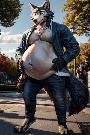 by personalami, by hioshiru, by zackary911, by null-ghost), male, anthro_wolf, solo, legoshi_(beastars), fat body, park, standing, clothed, open_blazer, bottom wear, short pants, safe, standing, bara, claws, black pupils, (fat:2.6), soft body, (correct anatomy:)7.0, vore, Big belly,( vore belly size:5.5), detailed belly, a person in his belly, (detailed clothing), natural lighting, best quality, legoshi, big belly, big pecs, vore, kids in legoshi's belly, best quality,person in belly, readable text, 