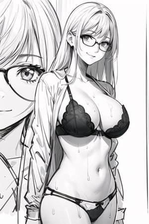 black bra and panties, 1girl, masterpiece, extremely detailed face, lineart, sketch art, standing still, front view ,line anime, smiling, big_boobies, wet, wet clothes, glasses