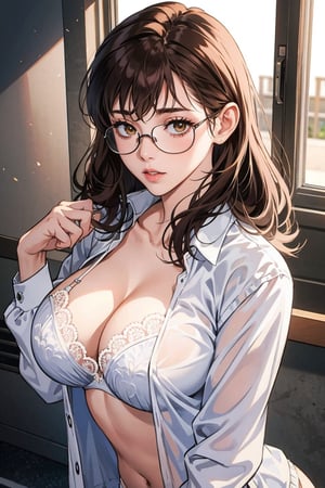 High detailed ,AgoonGirl, white lingeries, white bra and panty, locker, brown hair, big_boobs, eye_glasses, take off shirt
