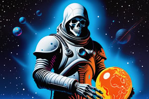 1970’ dark fantasy, book cover, paper art drawing of a reaper in a spacesuit, holding a colourful melting planet in his hands, he is standing exactly in the middle of the picture holding a blue and orange fluorescent melting round planet in his hands and pouring it down, photo taken from his torso up, he is gazing straight into the camera, he looks down on the melting planet