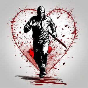 serial killer running with a knife, action, photorealistic, heart outline 