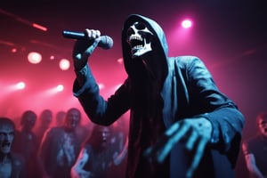 Close up fisheye lense, faceless Grimm reaper singing loudly, with a band of zombies, on stage, high definition, 8k, hazy, disco lights, photo realistic 