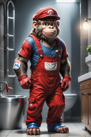Full body portrait of an ape, plumber, cute, red overalls, super Mario, red hat, ((standing on 2 hind legs)), award-winning photo, 8k, super detailed, photo realistic ,photo r3al