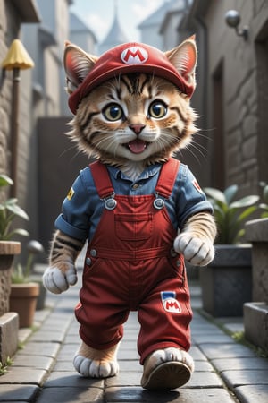 Full body portrait of an an anthropomorphic tabby kitten, cute, red overalls, super Mario, ((walking on 2 hind legs)), award-winning photo, 8k, super detailed, photo realistic ,photo r3al, 