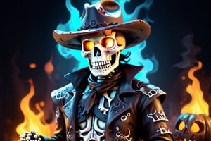 Bust of Gunslinger skeleton in a cowboy hat and leather duster, dual revolvers, bandoilers, glowing eyes of fire, wild West town,hallow33n,halloween