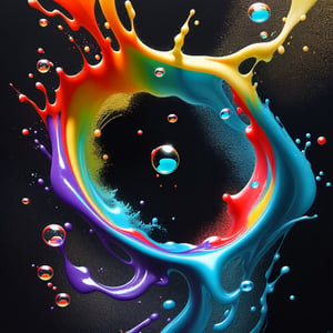 Liquid, Exploding colors, vibrant, on a black surface, bubbles, fluidity 