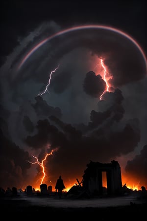 A Grimm reaper, graveyard, apocalypse, destroyed ruins, foggy, extremely detailed, film grain, dramatic lighting,  lightning, fire, chaos, rainbows, sunset, electric 