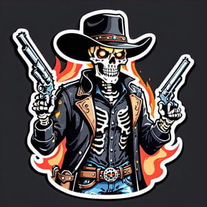 Gunslinger skeleton in a cowboy hat and leather duster, dual revolvers, bandoilers, glowing eyes of fire, icon, logo, sticker,sticker