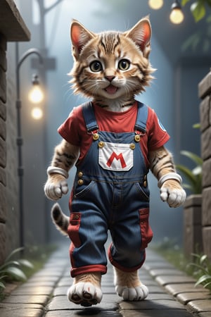 Full body portrait of an an anthropomorphic tabby kitten, cute, red overalls, super Mario, ((walking on 2 hind legs)), award-winning photo, 8k, super detailed, photo realistic ,photo r3al, 