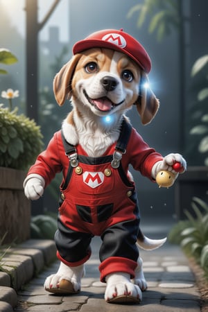 Full body portrait of an an anthropomorphic beagle puppy, cute, red overalls, super Mario, red hat, ((walking on 2 hind legs)), award-winning photo, 8k, super detailed, photo realistic ,photo r3al, 