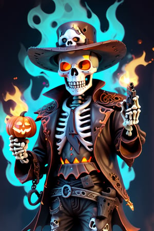 Bust of Gunslinger skeleton in a cowboy hat and leather duster, dual revolvers, bandoilers, glowing eyes of fire,hallow33n,halloween