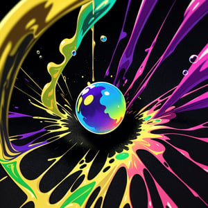 Exploding colors, liquid, bubbles, vibrant, on a black surface 