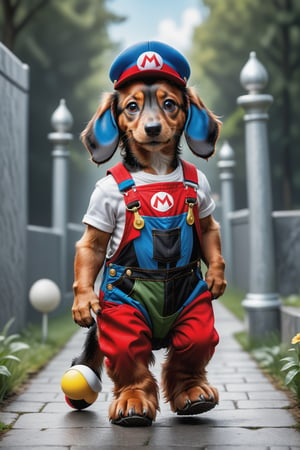 Full body portrait of an an anthropomorphic red long haired dachshund puppy, cute, red overalls, super Mario, red hat, ((walking on 2 hind legs)), award-winning photo, 8k, super detailed, photo realistic ,photo r3al, 