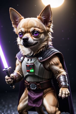 cinematic photo closeup of a Chihuahua in Darth Vader armor with his purple light saber, standing on hind legs, like green eyes , fangs , paws, high quality photography, 3 point lighting, flash with softbox, 4k, Canon EOS R3, hdr, smooth, sharp focus, high resolution, award winning photo, 80mm, f2.8, bokeh . 35mm photograph, film, bokeh, professional, 4k, highly detailed,Bluey Style