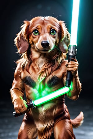 cinematic photo closeup of a cute red long haired daschund  with his light saber, standing on hind legs, like green eyes , fangs , paws, high quality photography, 3 point lighting, flash with softbox, 4k, Canon EOS R3, hdr, smooth, sharp focus, high resolution, award winning photo, 80mm, f2.8, bokeh . 35mm photograph, film, bokeh, professional, 4k, highly detailed,Bluey Style