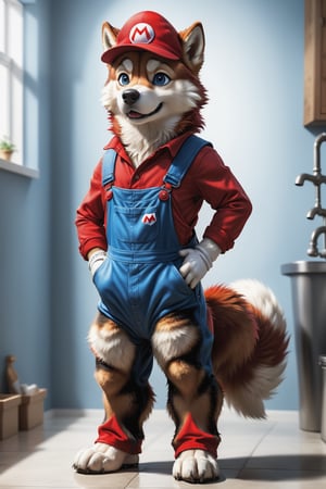Full body portrait of a ((red fur)), husky, plumber, cute, red overalls, super Mario, red hat, ((standing on 2 hind legs)), award-winning photo, 8k, super detailed, photo realistic ,photo r3al,Bluey Style