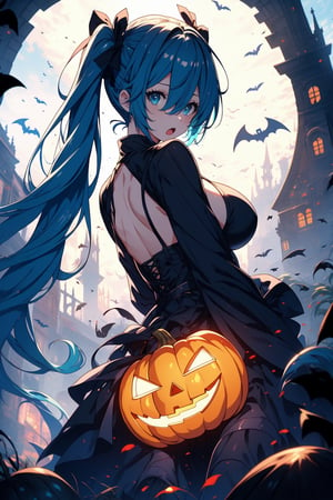 Hatsune Miku, hatsune miku, solo, bangs, hair between eyes, blue hair 
(masterpiece, best quality, highres:1.3), ultra resolution image, (hatsune miku), (solo), (mascara, eyelashes), large breast, petite body, niji, Halloween girl, Halloween cosplay, blood on mouth, open mouth,terror, embarassed, bloodborne, viewed_from_behind, from_behind, seen from below,Hair over eyes, castle,gotou1