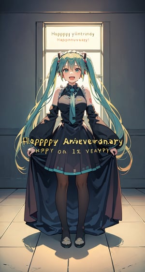 masterpiece, best quality, hatsune miku, (happy:1.5), reclining, to nigth, anime, (full body:1.5), (text:happy Anniversary), (text location: the text above)