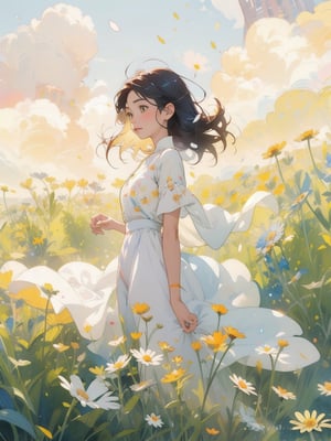 a girl standing in a daisy field, flying dress, yellow dress, blue sky, watercolor, cloudy, flying petals, flying leave, windy, hand painted, warm light, rim light, warm mood,High detailed ,watercolor,Color magic,midjourney,Saturated colors