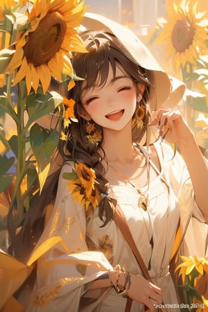 a girl in a sunflower outfit smiling next to flowers, her head in a sunhat with flowers around, 1girl, flower, closed eyes, hat, open mouth, smile, solo, sunflower, braid, brown hair, long hair, jewelry, straw hat, bag, bracelet