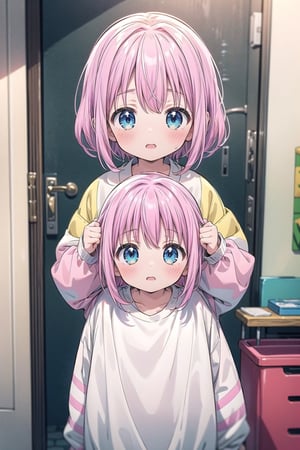 masterpiece, best quality, extremely detailed, HD, 8k, intricate, nice hands,AGE REGRESSION, 1 girl, shrinking, oversized_clothes, cuteloli, CHILD, OVERSIZED CLOTHES,cartoon, ,bocchi style, blue eyes, pink hair